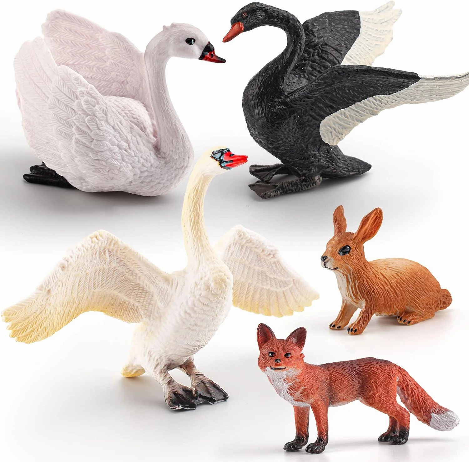 LC JoyCre 5PCS Swan Figurine Black Swan Figure Goose Toy Swan Toy Rabbit Fox Animal Figure for Toddlers Preschool Animals Figures Eduactional Project Diorama Model Toy for Kids 3 4 5 6