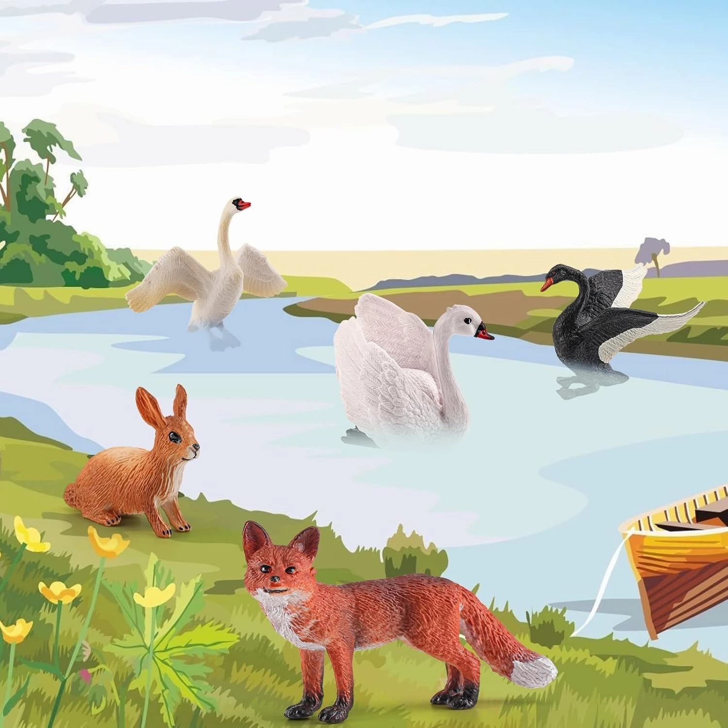 LC JoyCre 5PCS Swan Figurine Black Swan Figure Goose Toy Swan Toy Rabbit Fox Animal Figure for Toddlers Preschool Animals Figures Eduactional Project Diorama Model Toy for Kids 3 4 5 6