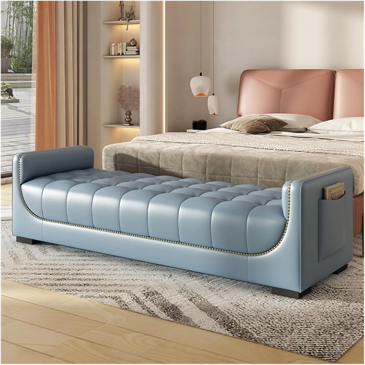 Leather Ottoman Bed End Bench for Bedroom, Upholstered Bed End Bench, Modern Entrance Shoe Bench with Arms and Storage Pockets, Living Room Bench, Room Bench