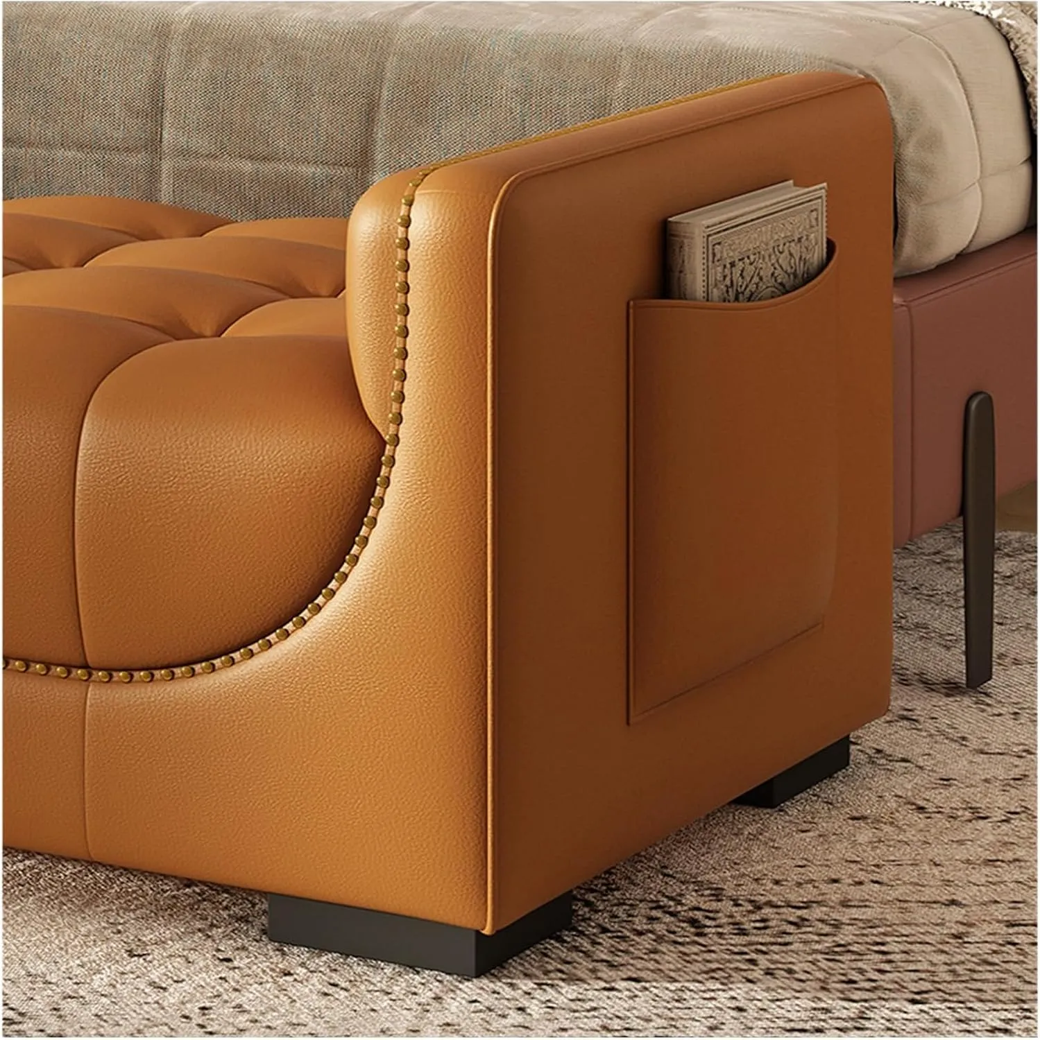 Leather Ottoman Bed End Bench for Bedroom, Upholstered Bed End Bench, Modern Entrance Shoe Bench with Arms and Storage Pockets, Living Room Bench, Room Bench
