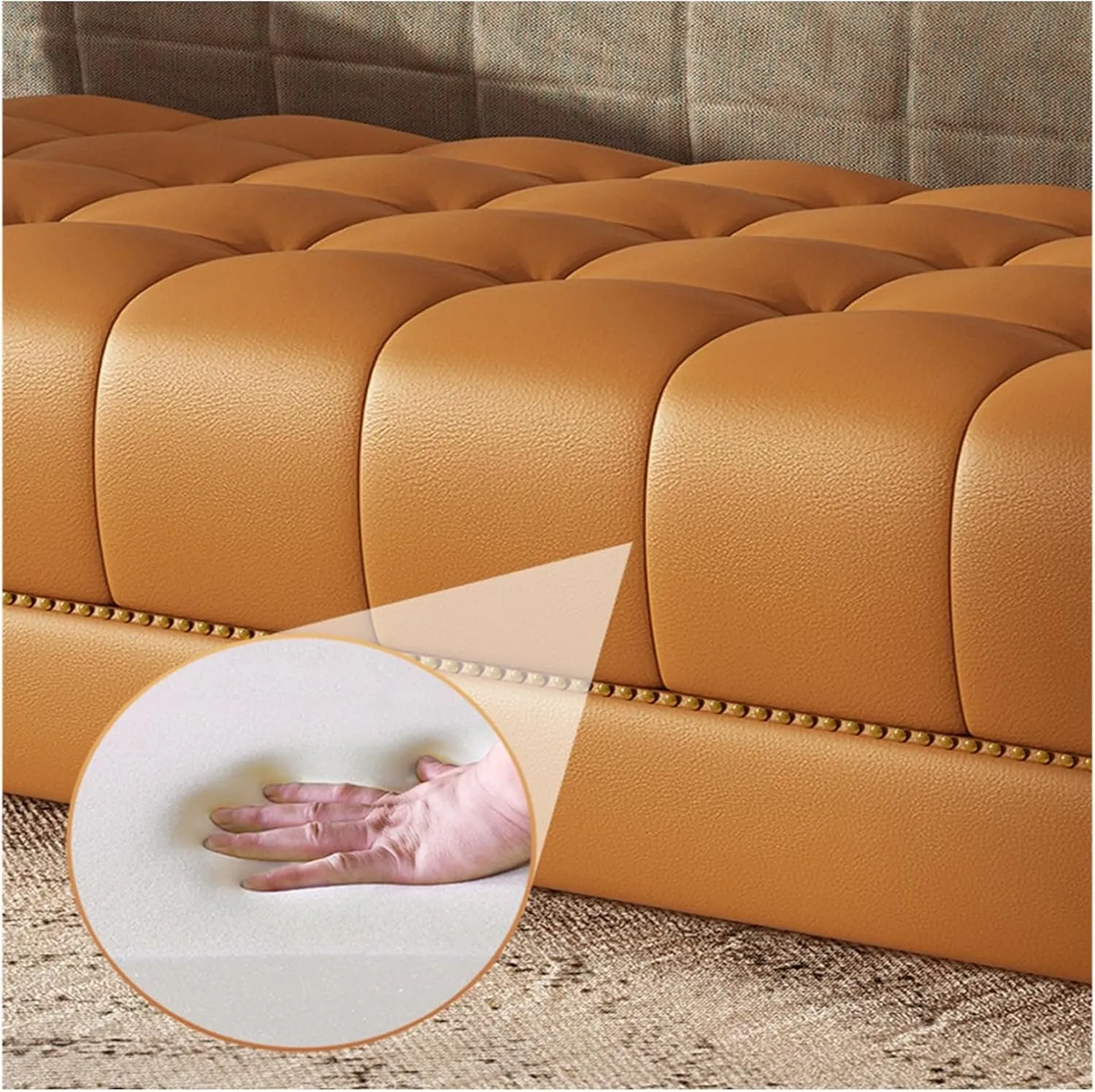 Leather Ottoman Bed End Bench for Bedroom, Upholstered Bed End Bench, Modern Entrance Shoe Bench with Arms and Storage Pockets, Living Room Bench, Room Bench