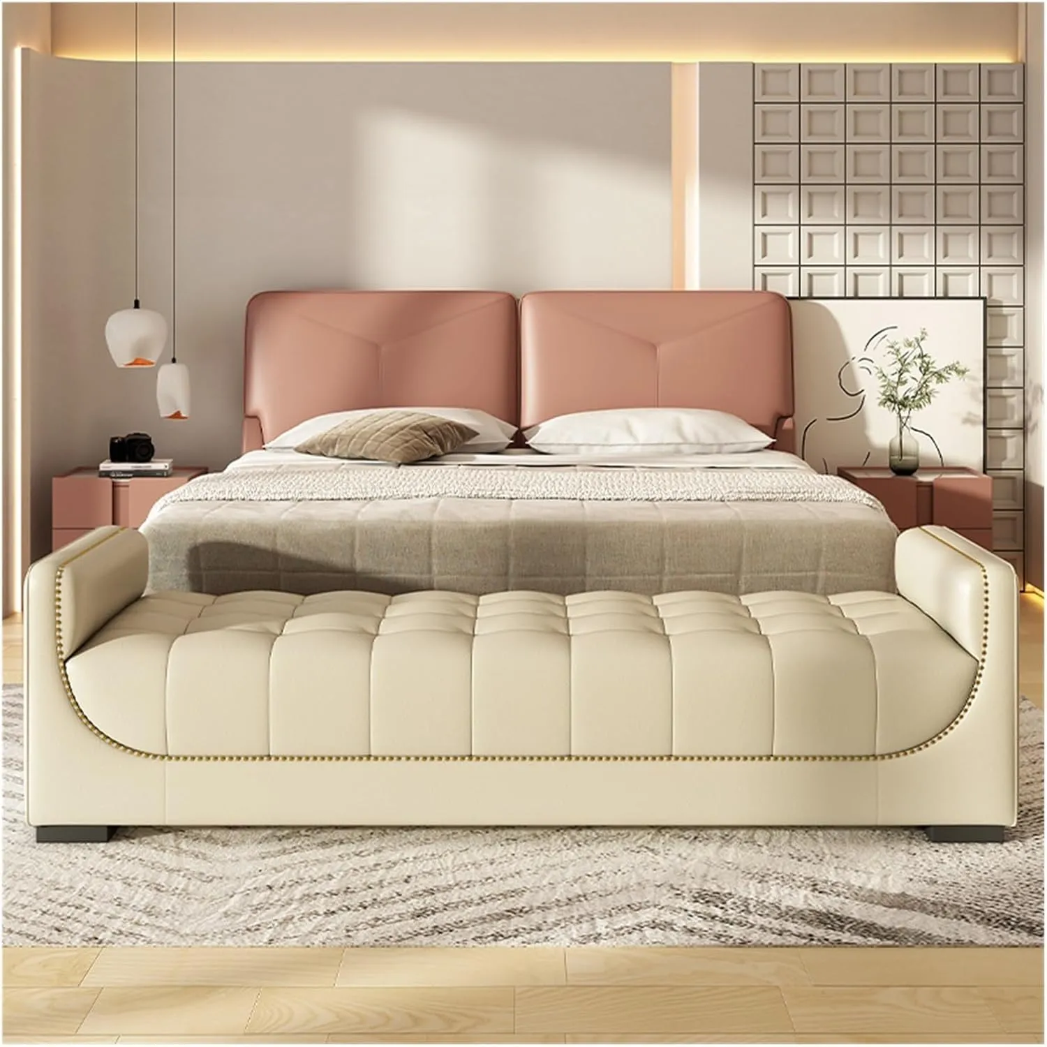 Leather Ottoman Bed End Bench for Bedroom, Upholstered Bed End Bench, Modern Entrance Shoe Bench with Arms and Storage Pockets, Living Room Bench, Room Bench