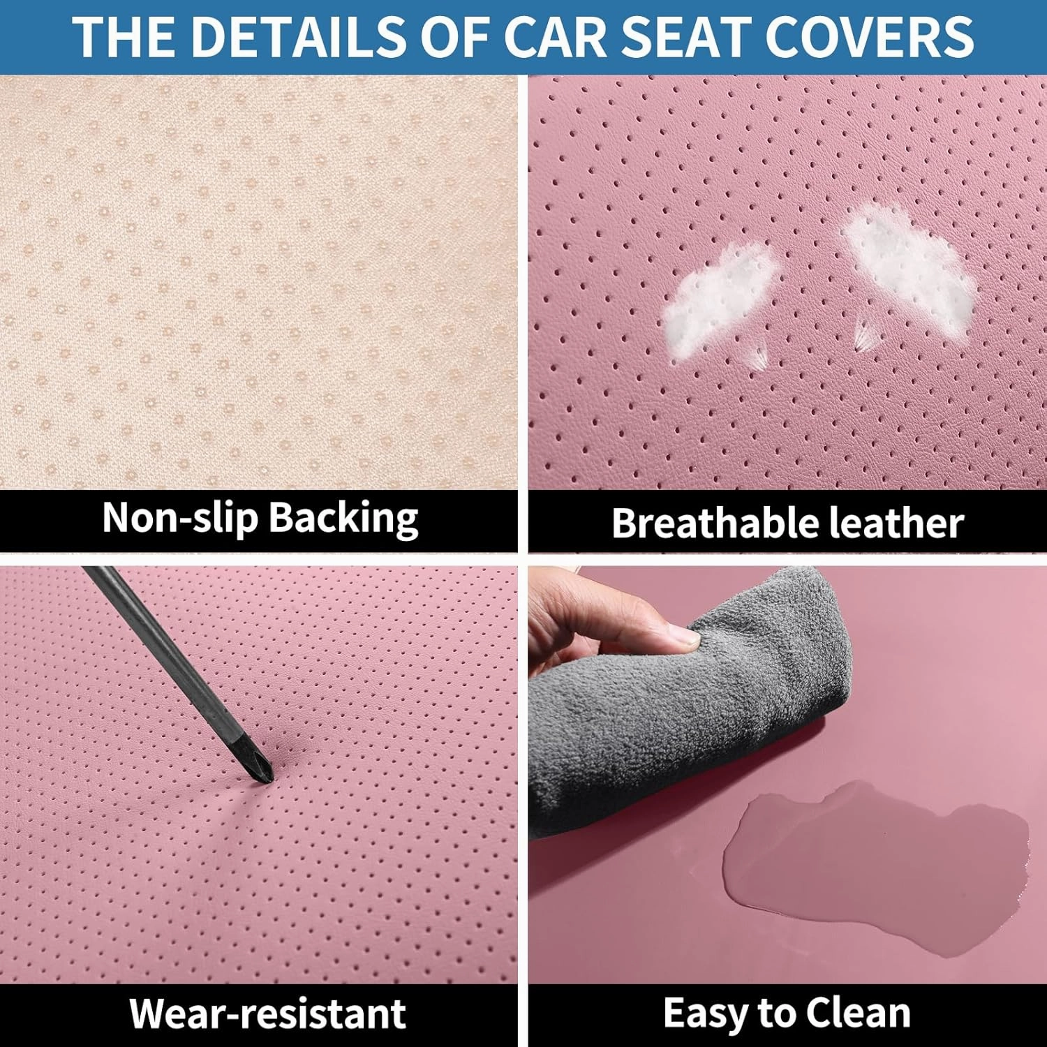 Leather Car Seat Covers Full Set Breathable Automotive Seat Covers Waterproof Seat Protectors Universal Fit for Most Automotive Cars SUV Trucks(Pink, Full Set)