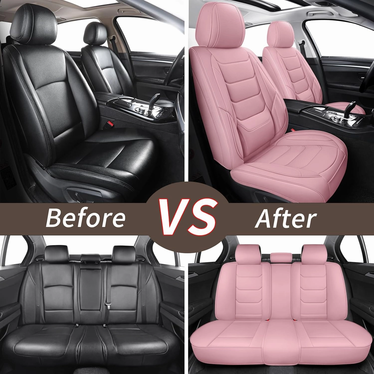 Leather Car Seat Covers Full Set Breathable Automotive Seat Covers Waterproof Seat Protectors Universal Fit for Most Automotive Cars SUV Trucks(Pink, Full Set)