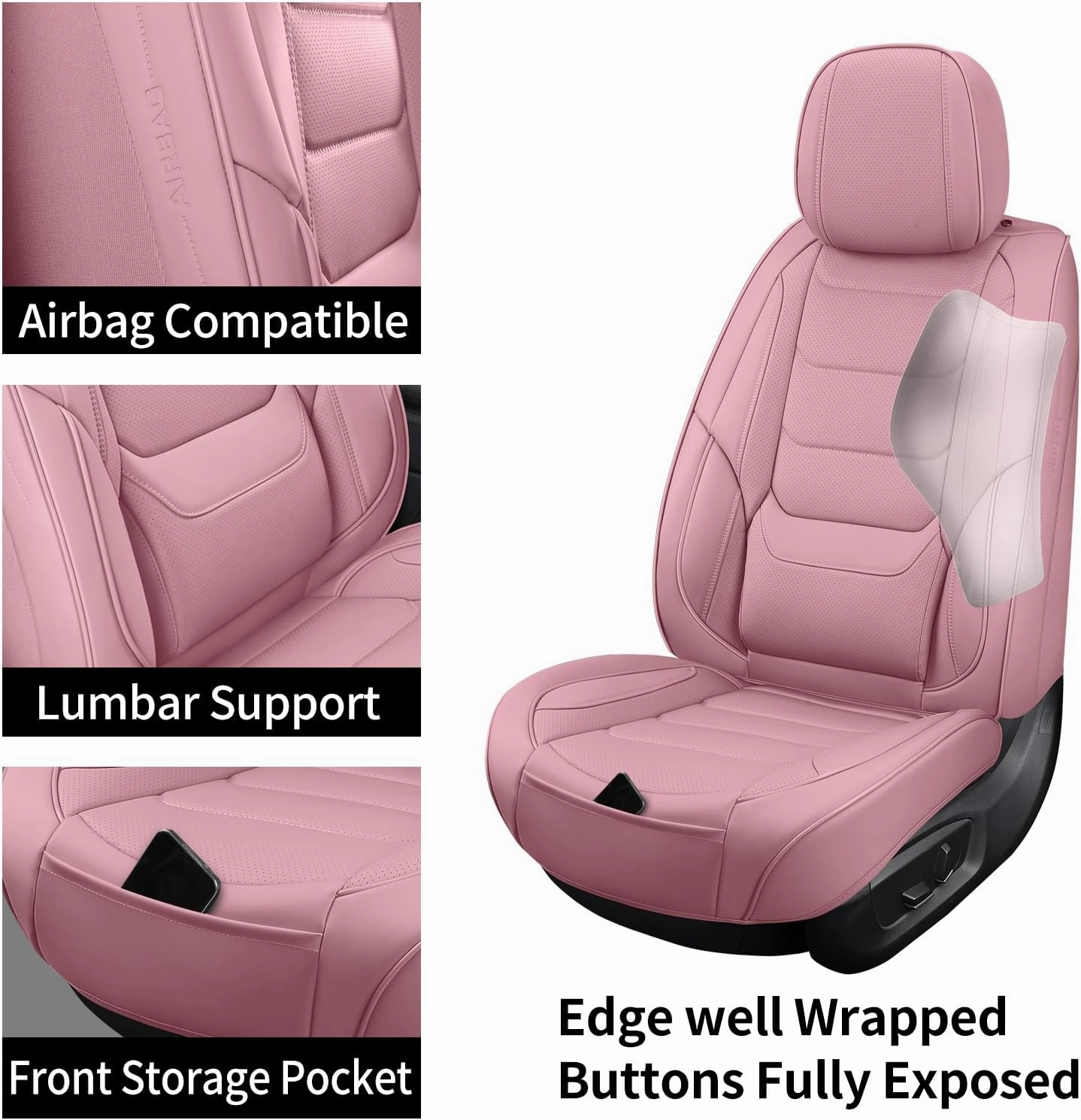 Leather Car Seat Covers Full Set Breathable Automotive Seat Covers Waterproof Seat Protectors Universal Fit for Most Automotive Cars SUV Trucks(Pink, Full Set)