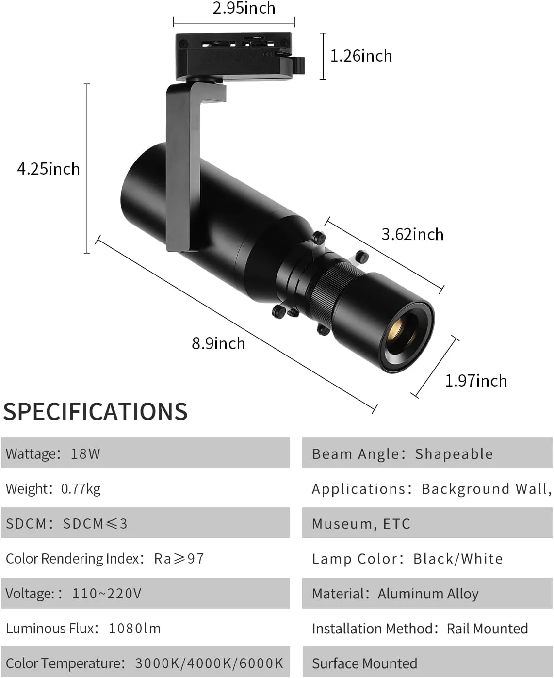 LED Dimmable Ceiling Spotlight, 18W Adjustable Aperture Shape Light, Ceiling Mounted Directional Spot Light for Museum Art Gallery Exhibition Art 2700K