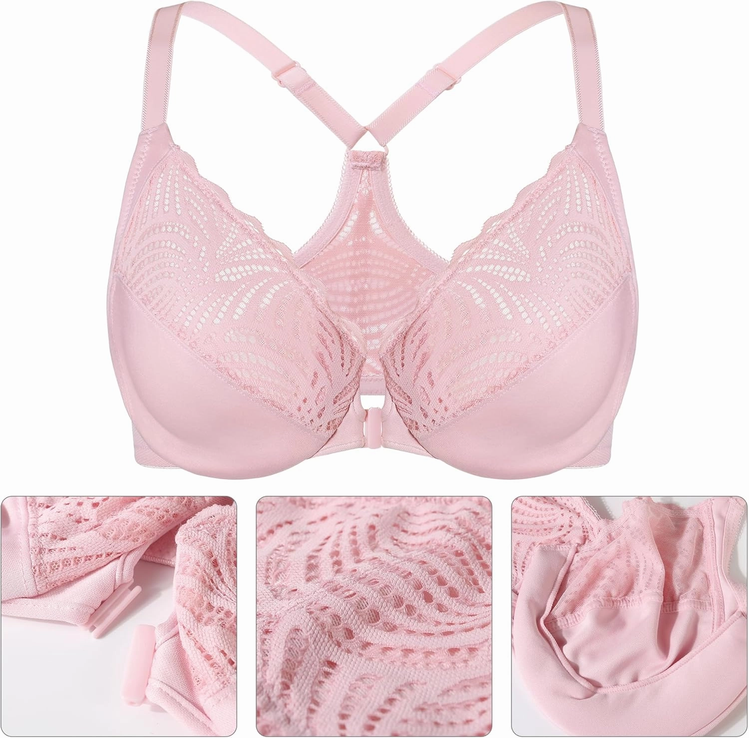 Lemorosy Women’s Full Figure Plus Size Unpadded Front Closure Lace Racerback Underwire Everyday Bra