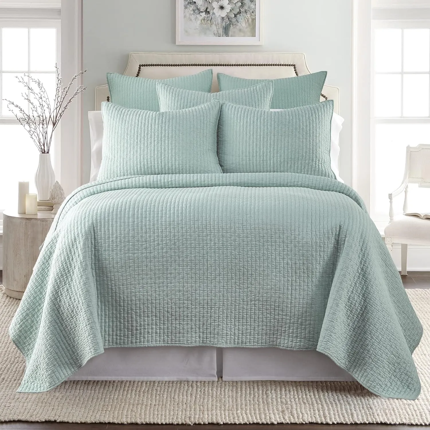 Levtex Home - Cross Stitch Blue Haze Quilt Set - 100% Cotton - King/Cal King Quilt (106x92in.)   2 King Shams (36x20in.) - Reversible - Cotton Fabric
