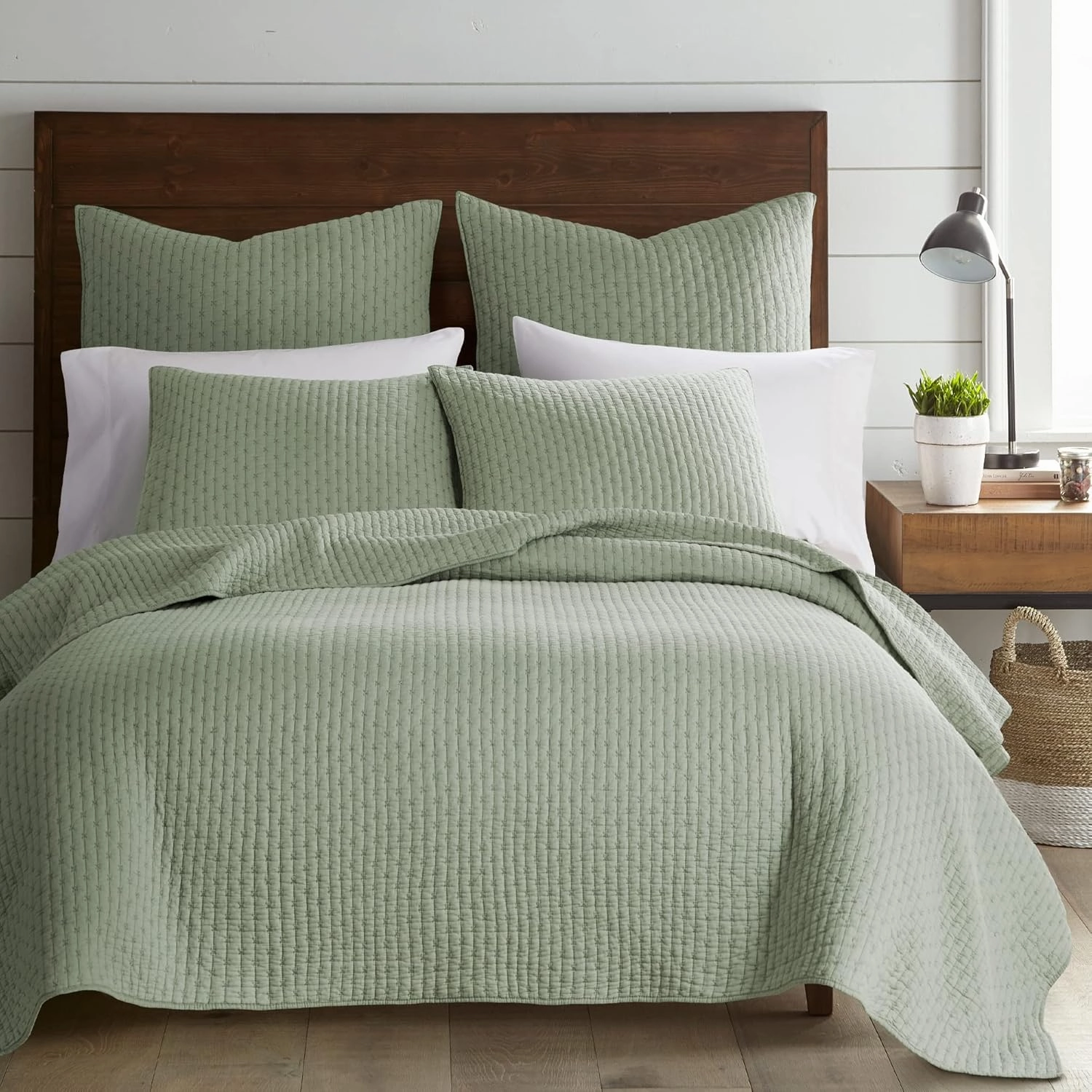 Levtex Home - Cross Stitch Desert Sage Quilt Set - 100% Cotton - King/Cal King Quilt (106x92in.)   2 King Shams (36x20in.) - Reversible - Cotton Fabric