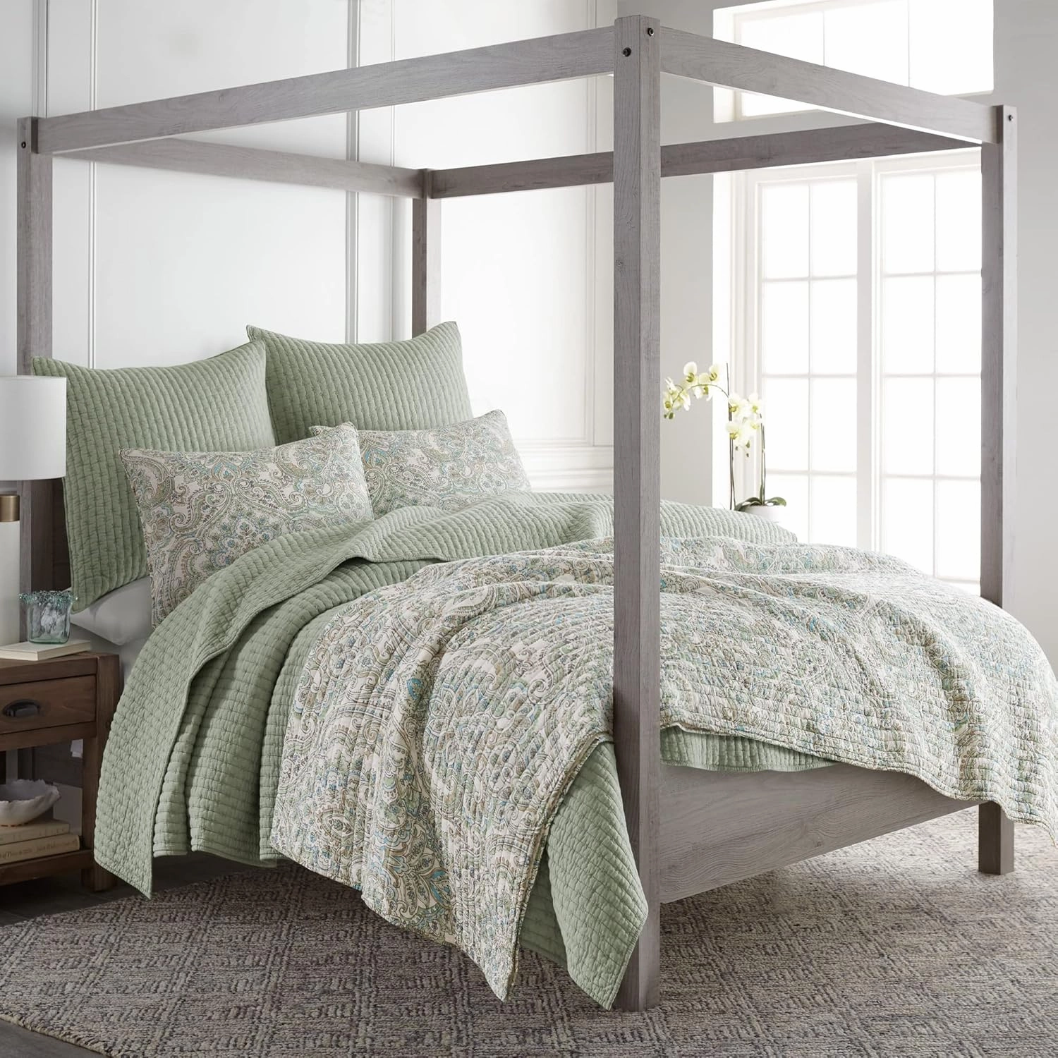 Levtex Home - Cross Stitch Desert Sage Quilt Set - 100% Cotton - King/Cal King Quilt (106x92in.)   2 King Shams (36x20in.) - Reversible - Cotton Fabric