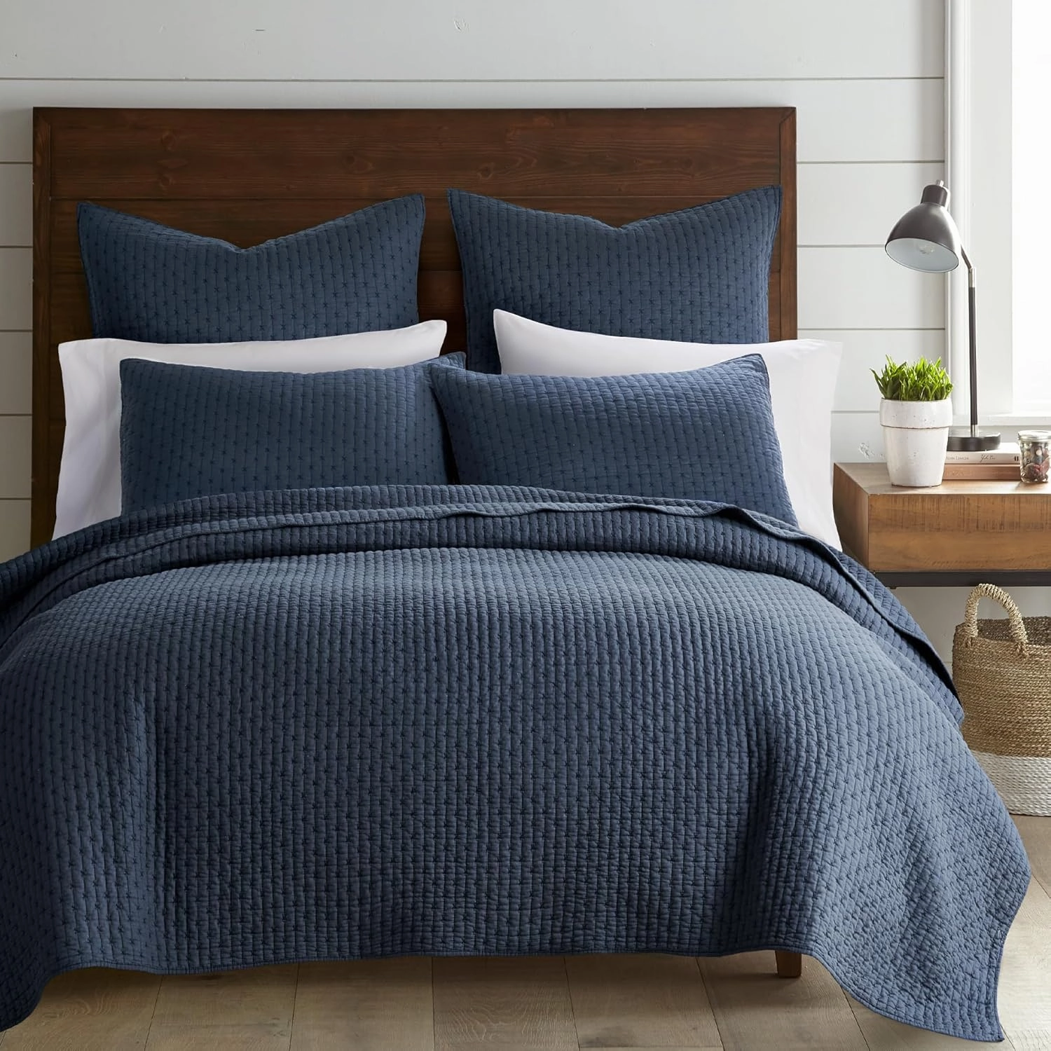 Levtex Home - Cross Stitch Navy Quilt Set - 100% Cotton - Full/Queen Quilt (88x92in.)   2 Standard Shams (26x20in.) - Reversible - Cotton Fabric