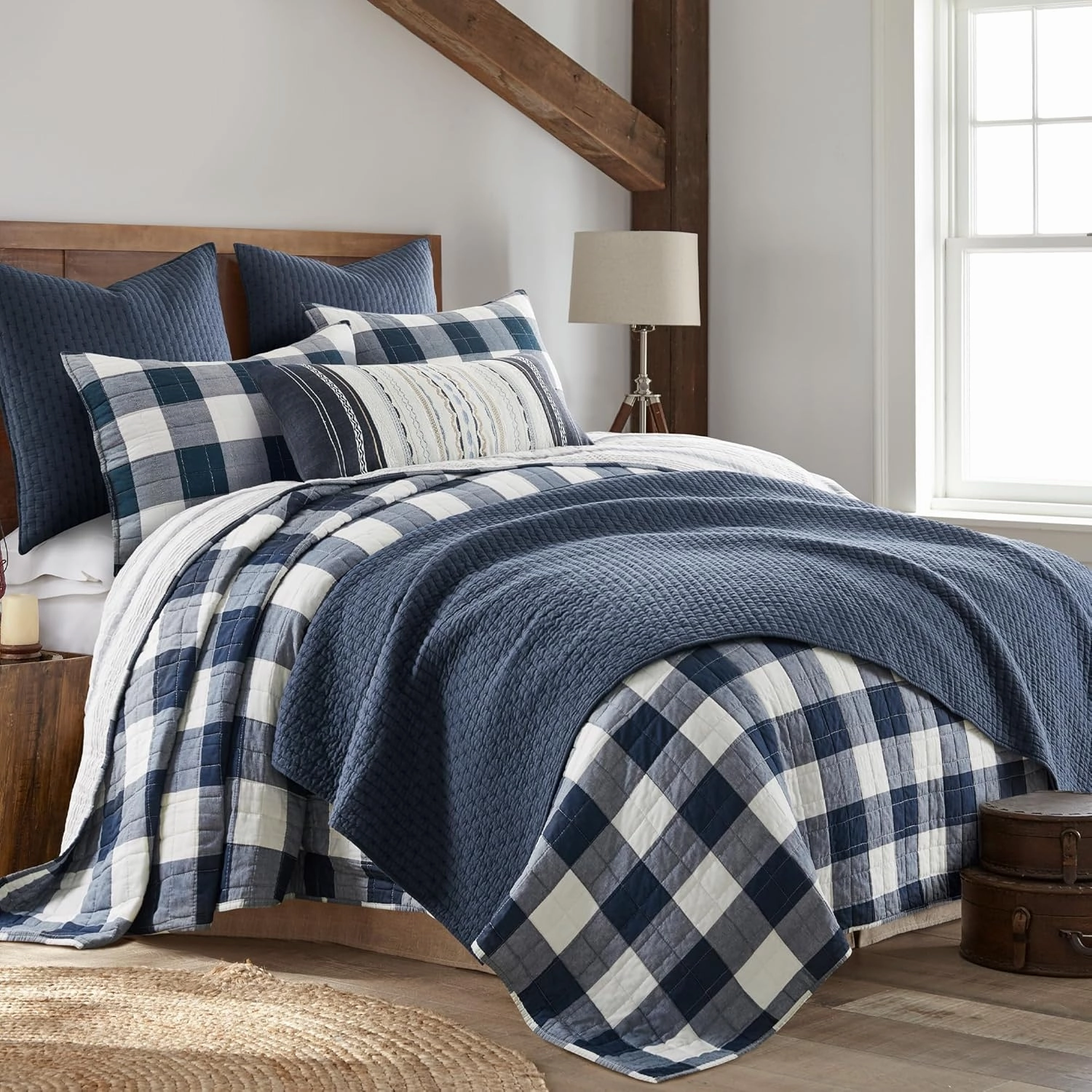 Levtex Home - Cross Stitch Navy Quilt Set - 100% Cotton - Full/Queen Quilt (88x92in.)   2 Standard Shams (26x20in.) - Reversible - Cotton Fabric