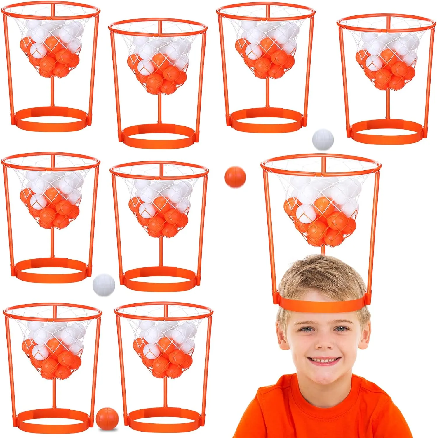 Libima 12 Pcs Head Hoop Basketball Party Game Set for Kids and Adults Portable Adjustable Basket Net Headband with Balls for Birthday Carnival Office Indoor Outdoor Activity(Orange)