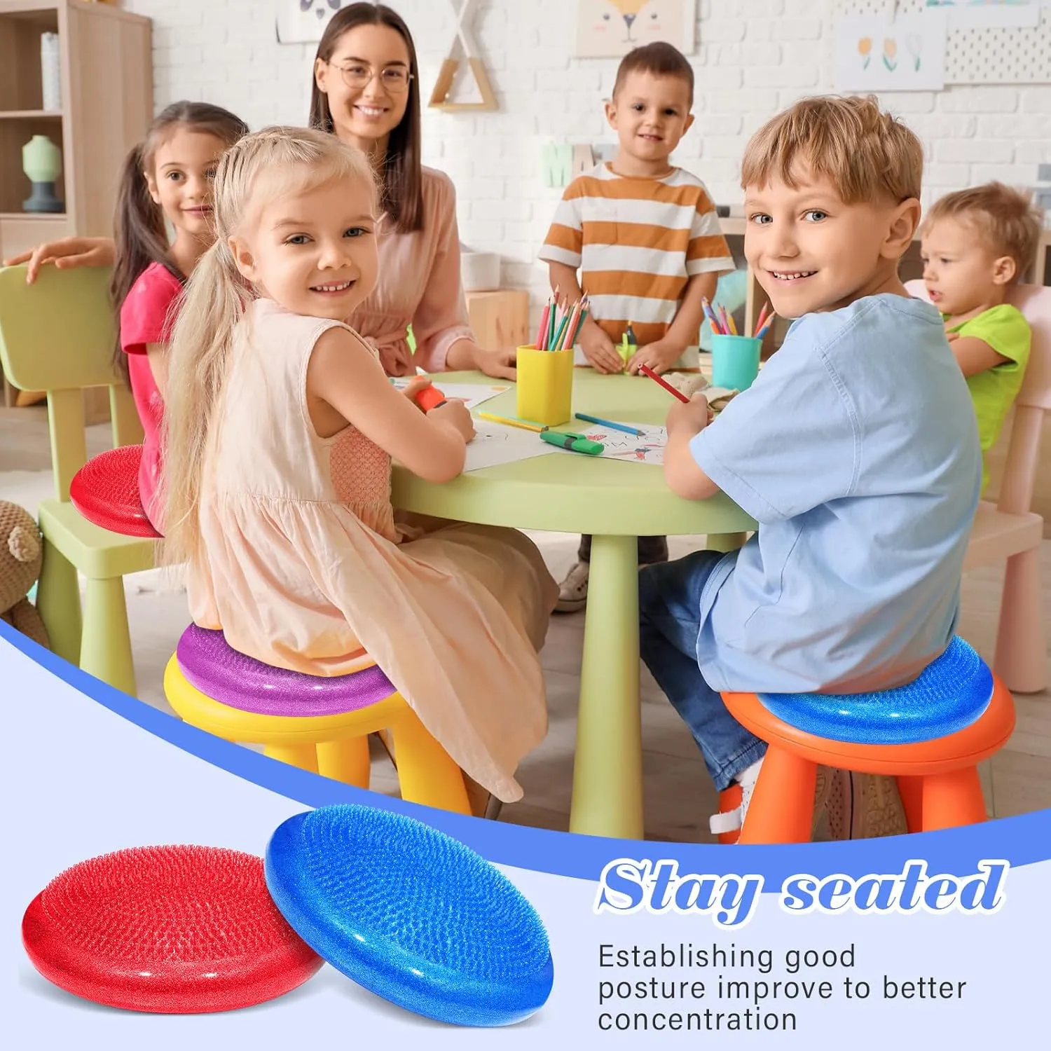 Libima 4 Pcs Glitter Wiggle Seat for Sensory Kids Inflated Wobble Cushion Sensory Seat Flexible Seating for Classroom Elementary, Balance Disc with Pump for Kids Adult Office Home