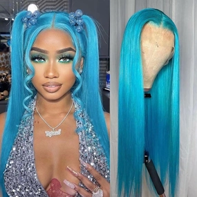 Light Blue Synthetic Lace Front Wig for Women Colored Wigs Straight Glueless Free Part Wigs Pre Plucked With Natural Hairline For White Women Heat Resistant Hair