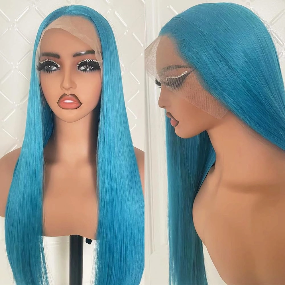 Light Blue Synthetic Lace Front Wig for Women Colored Wigs Straight Glueless Free Part Wigs Pre Plucked With Natural Hairline For White Women Heat Resistant Hair