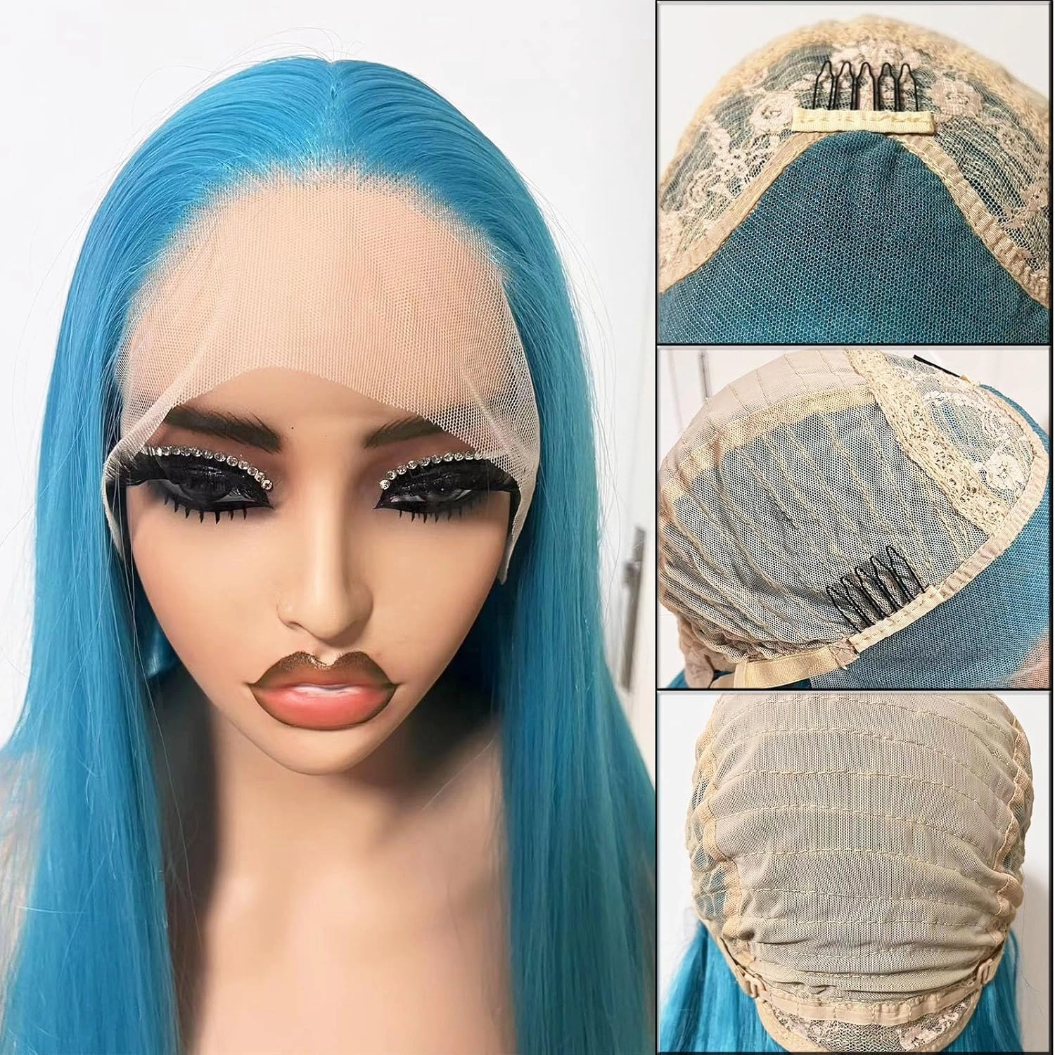 Light Blue Synthetic Lace Front Wig for Women Colored Wigs Straight Glueless Free Part Wigs Pre Plucked With Natural Hairline For White Women Heat Resistant Hair