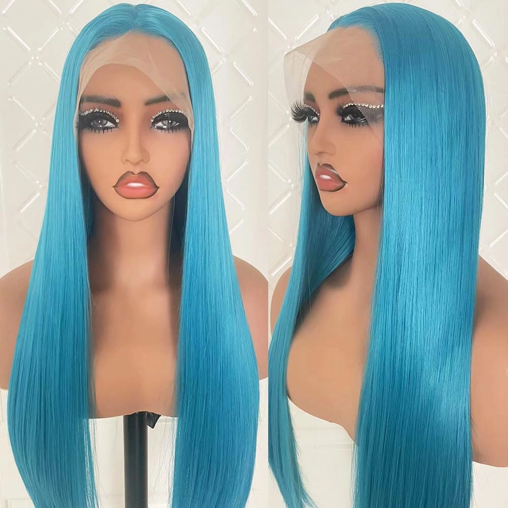 Light Blue Synthetic Lace Front Wig for Women Colored Wigs Straight Glueless Free Part Wigs Pre Plucked With Natural Hairline For White Women Heat Resistant Hair