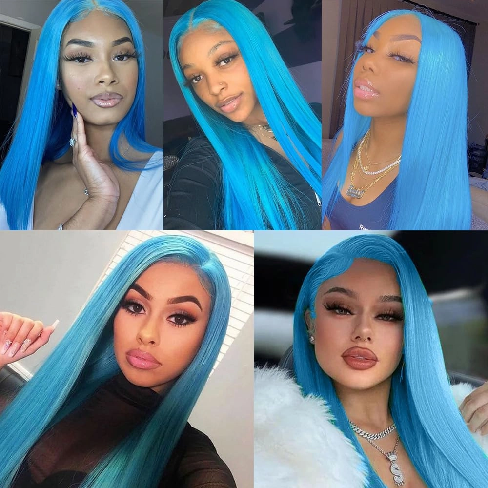Light Blue Synthetic Lace Front Wig for Women Colored Wigs Straight Glueless Free Part Wigs Pre Plucked With Natural Hairline For White Women Heat Resistant Hair