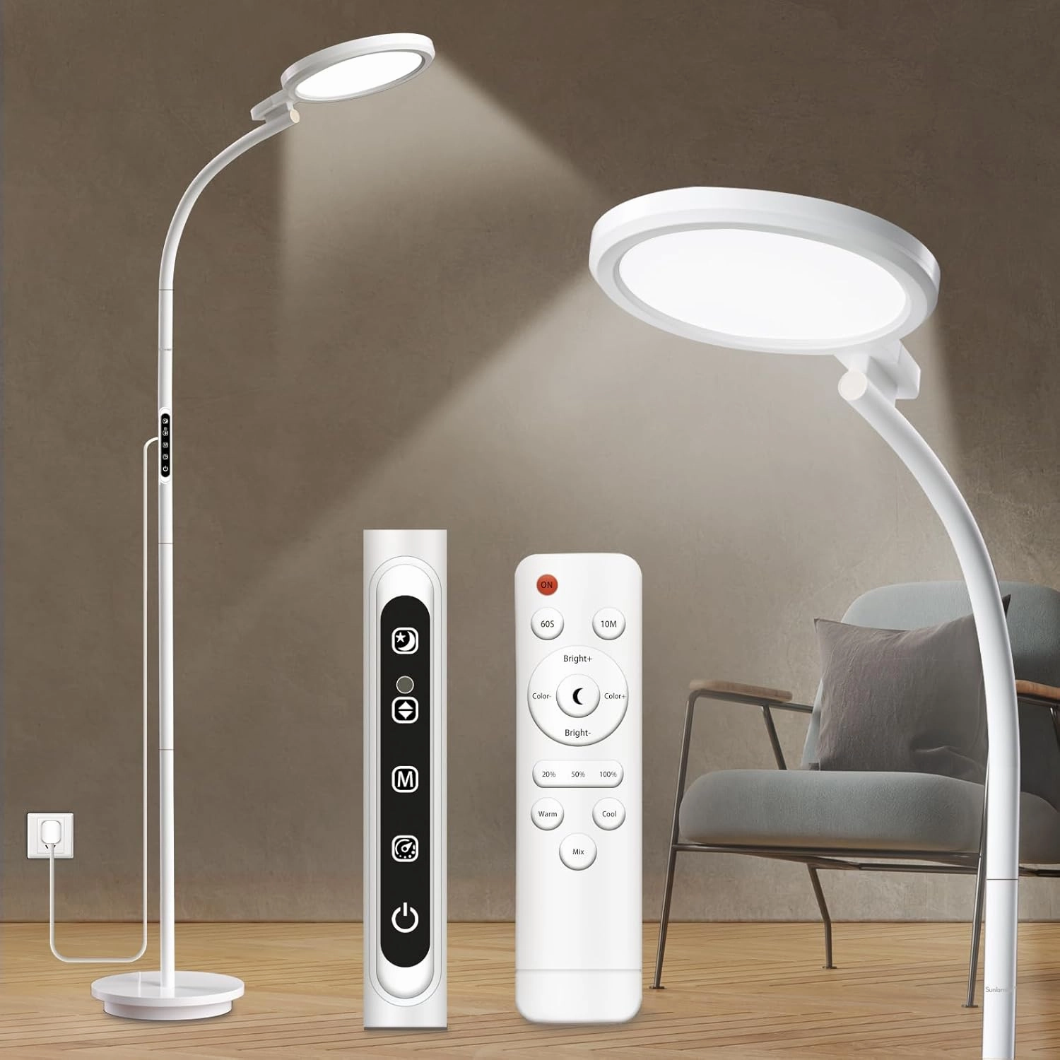 Light Therapy Lamp, UV-Free Light Therapy, 10000 Lux Floor Lamp with Remote & Touch Control & 5 Brightness Levels & Timing for Reading/Office/Home