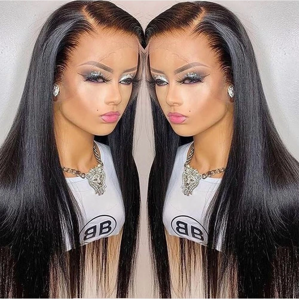 Long Straight Black Glueless Wig,Black Hair Middle Part Natural Hairline,Glueless Synthetic Lace Front Wigs for Women