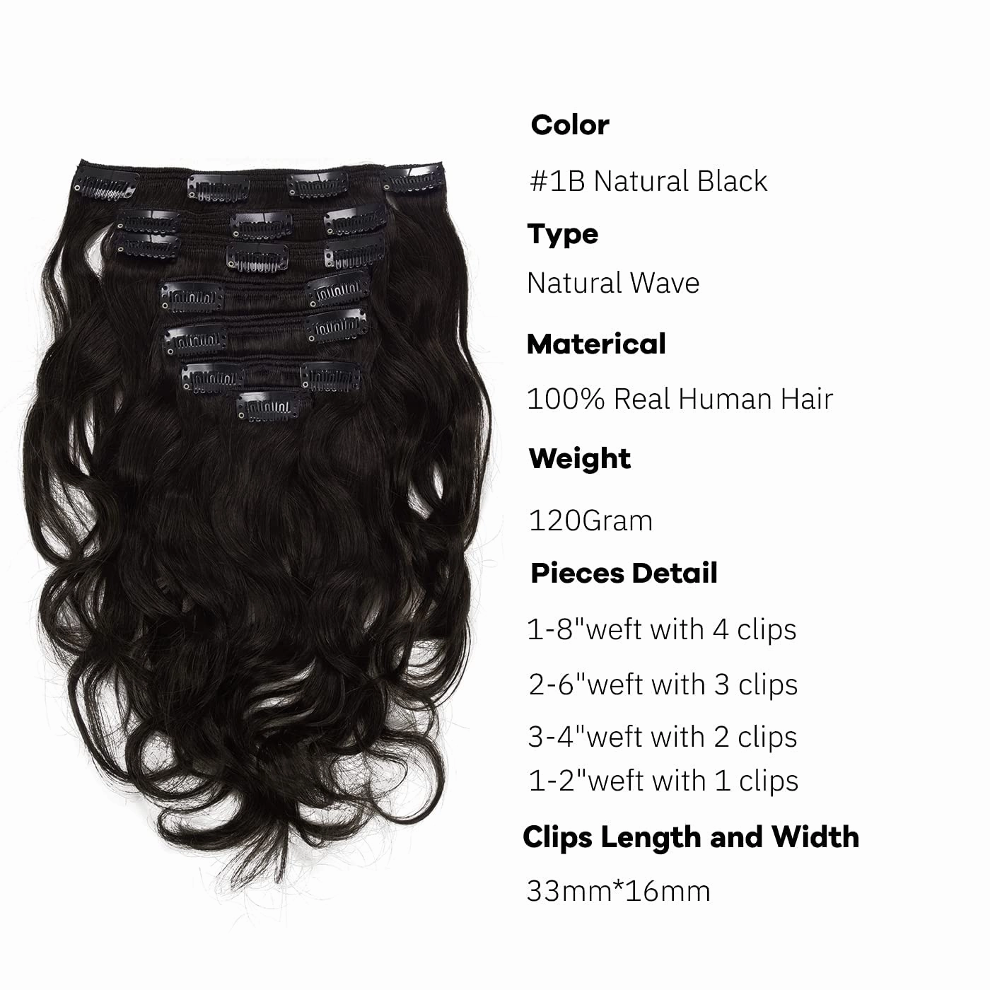 Loxxy Clip in Human Hair Extensions 18inch Natural Wave and Natural Color Virgin Remy Human Hair Extensions #1B Natural Black color 18inch with Double Weft 120g/set 7Pcs/lot And 17 Clips Per Pack