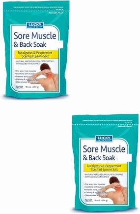 Lucky Super Soft Sore Muscle & Back Soak Eucalyptus & Peppermint Scented Epsom Salt. Set of 2. 16 oz. Each (32 oz / 908 g)