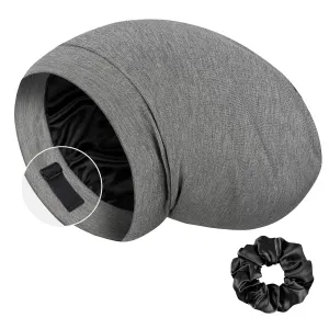 LULUSILK Mulberry Silk Bonnet for Sleeping Women, Real Silk Sleep Cap for Curly Hair and Braids, Pure Silk Head Wrap with Scrunchies, Grey