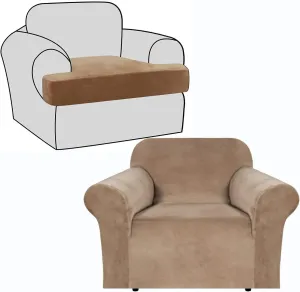Luxury Velvet Armchair Sofa Cover Stretch Sofa Slipcovers with Separate T-Seat Cushion Cover, Super Soft Armchair Couch Covers with Elastic Straps for Living Room (Color : Camel)