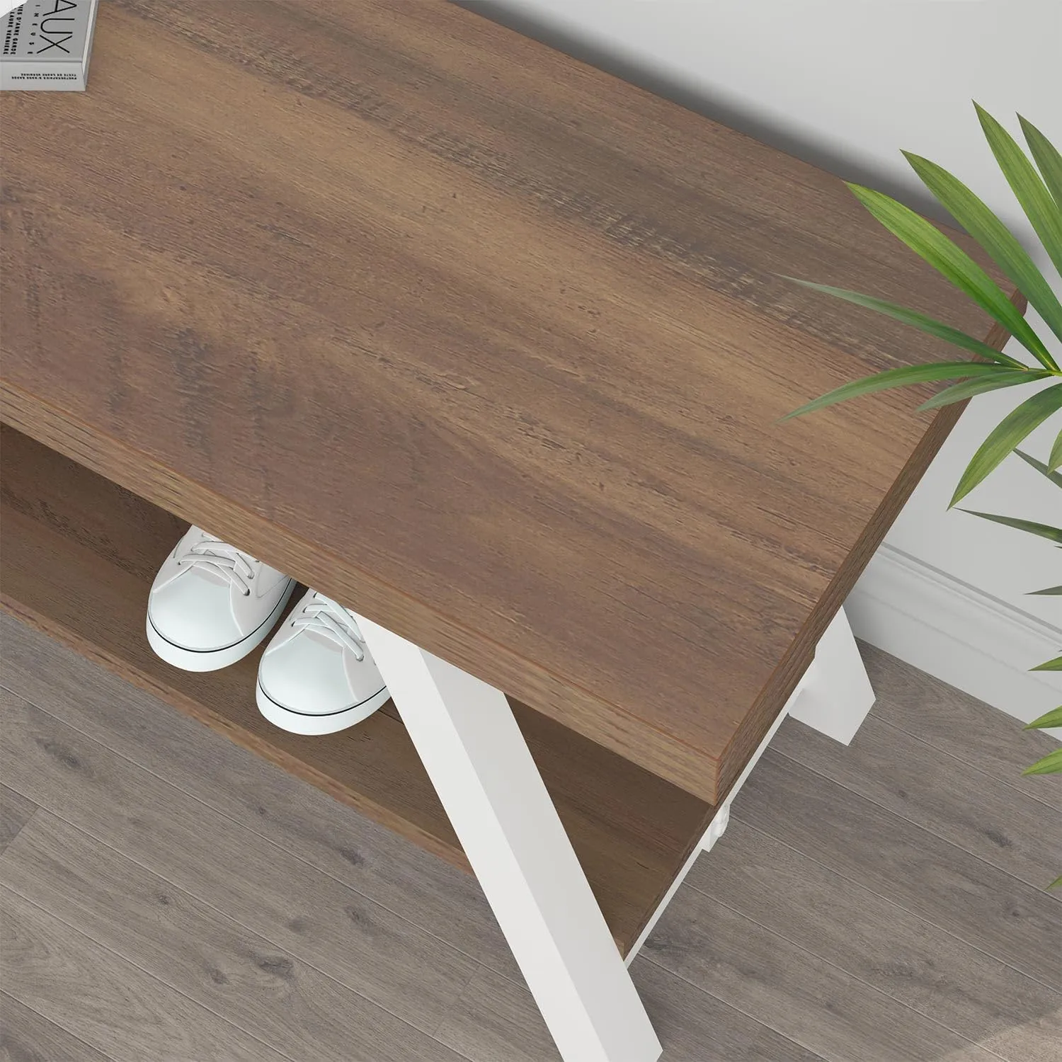 LVB Rustic Entryway Bench, Farmhouse Wood Indoor Shoe Bench with Storage in Bedroom End of Bed, Industrial Metal Foyer Shoe Rack Bench Seating for Hallway Living Dining Room, White Rustic Oak, 47 Inch