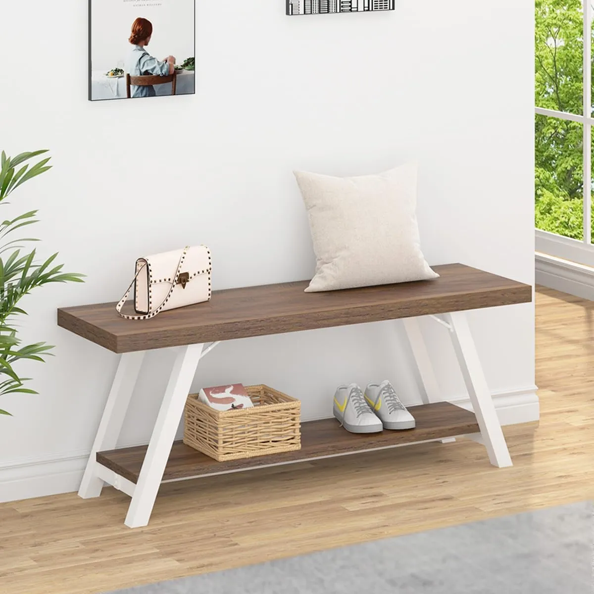 LVB Rustic Entryway Bench, Farmhouse Wood Indoor Shoe Bench with Storage in Bedroom End of Bed, Industrial Metal Foyer Shoe Rack Bench Seating for Hallway Living Dining Room, White Rustic Oak, 47 Inch