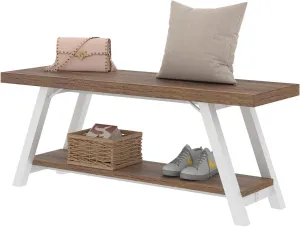 LVB Rustic Entryway Bench, Farmhouse Wood Indoor Shoe Bench with Storage in Bedroom End of Bed, Industrial Metal Foyer Shoe Rack Bench Seating for Hallway Living Dining Room, White Rustic Oak, 47 Inch