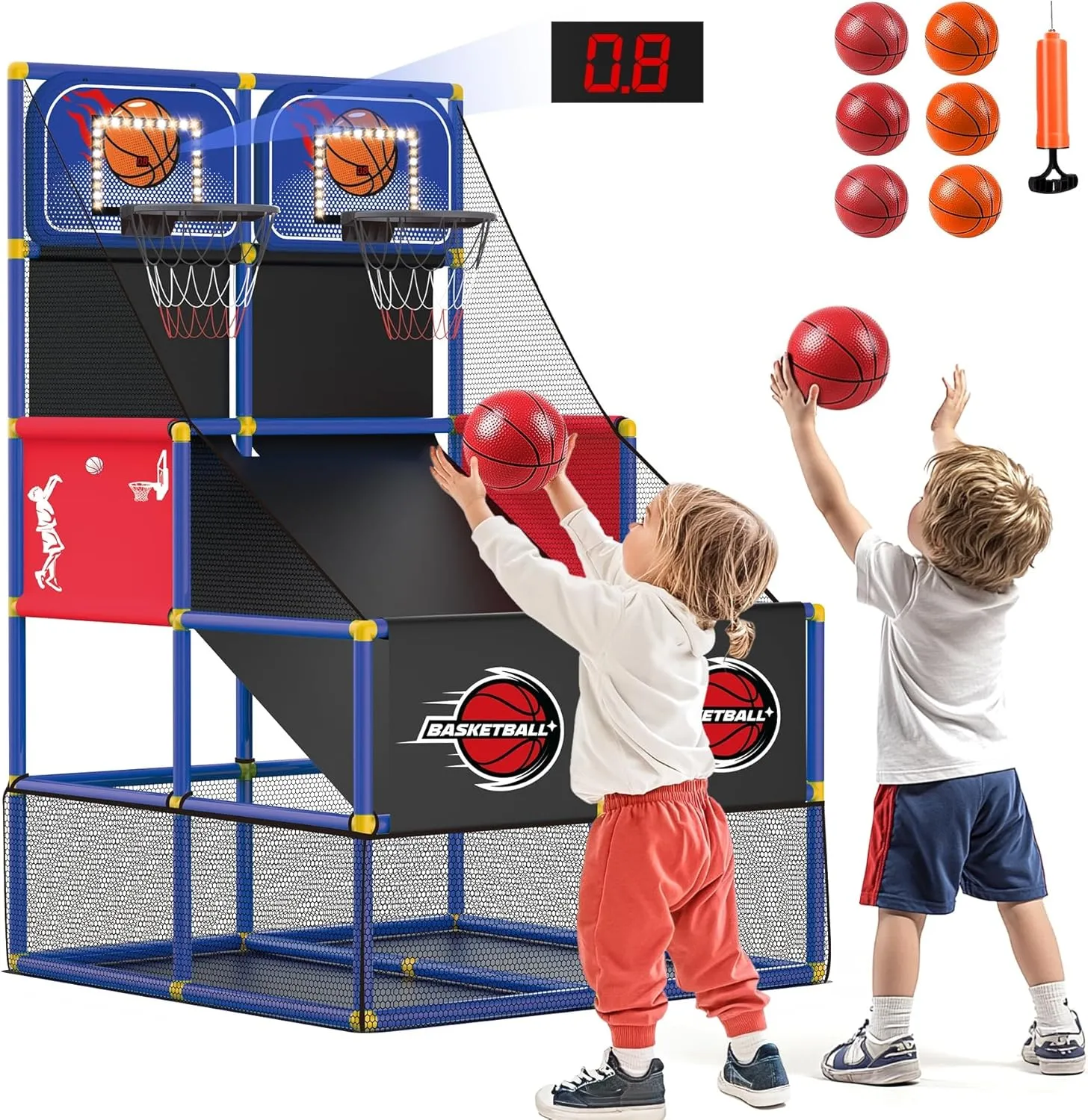 M SANMERSEN Kids Double Basketball Hoop Arcade Game Set with 6 Balls Electronic Scoreboard LED Light, Indoor & Outdoor Play, Birthday/Halloween for 3-8 Year Old Boy and Girl