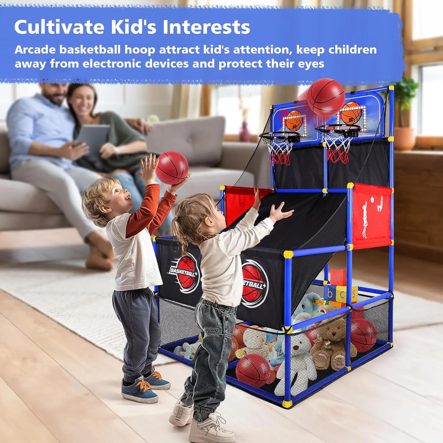 M SANMERSEN Kids Double Basketball Hoop Arcade Game Set with 6 Balls Electronic Scoreboard LED Light, Indoor & Outdoor Play, Birthday/Halloween for 3-8 Year Old Boy and Girl