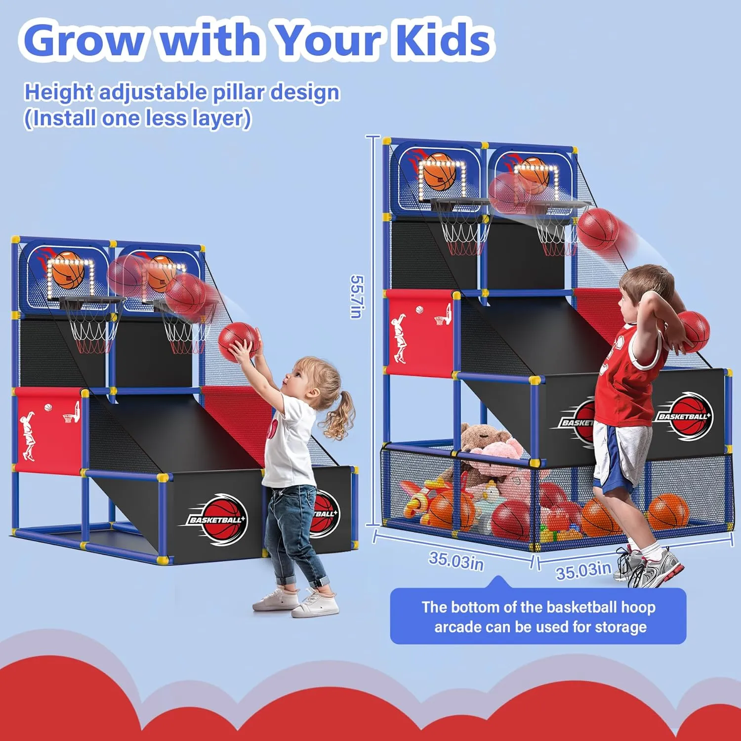 M SANMERSEN Kids Double Basketball Hoop Arcade Game Set with 6 Balls Electronic Scoreboard LED Light, Indoor & Outdoor Play, Birthday/Halloween for 3-8 Year Old Boy and Girl