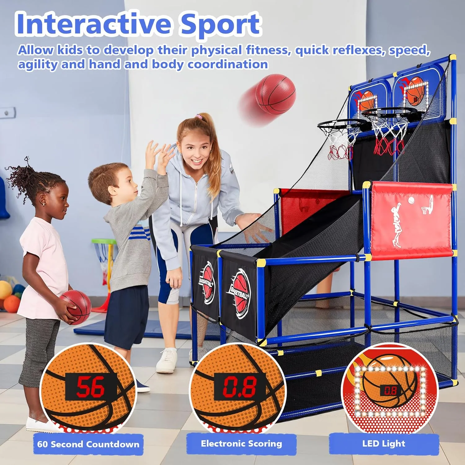 M SANMERSEN Kids Double Basketball Hoop Arcade Game Set with 6 Balls Electronic Scoreboard LED Light, Indoor & Outdoor Play, Birthday/Halloween for 3-8 Year Old Boy and Girl