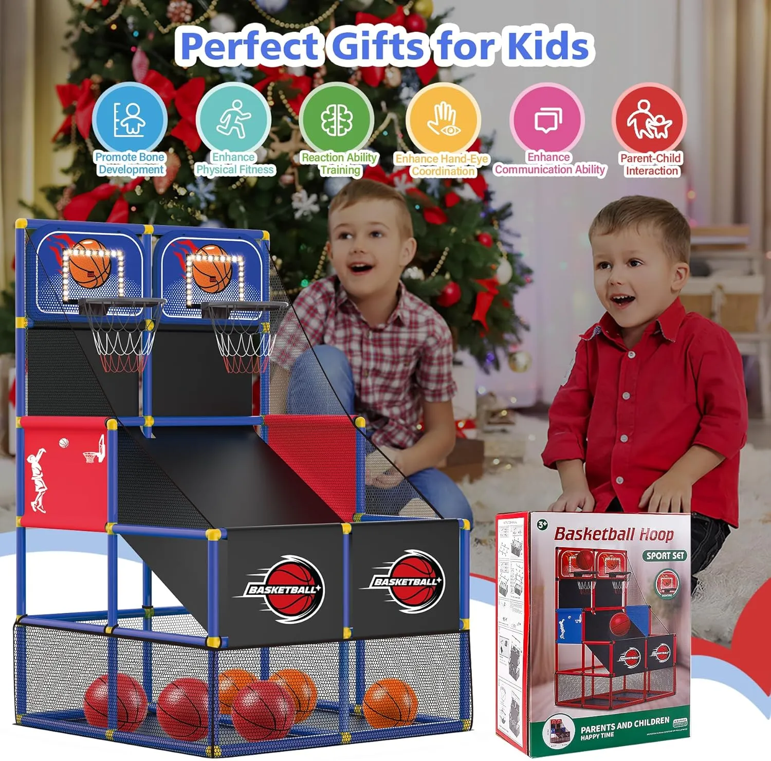 M SANMERSEN Kids Double Basketball Hoop Arcade Game Set with 6 Balls Electronic Scoreboard LED Light, Indoor & Outdoor Play, Birthday/Halloween for 3-8 Year Old Boy and Girl