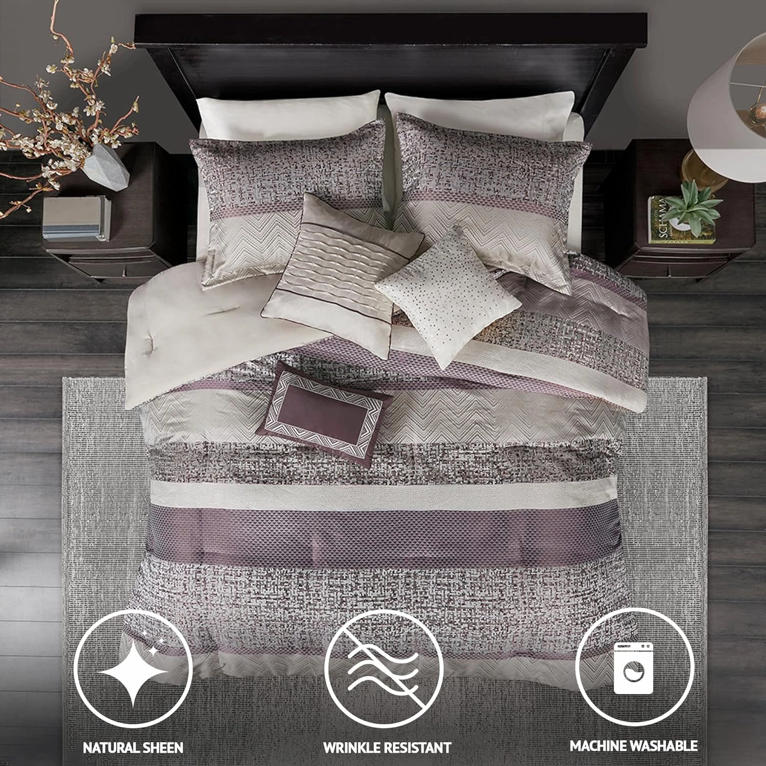 Madison Park Luxury Comforter Set-Traditional Jacquard Design, All Season Down Alternative Bedding, Matching Bedskirt, Decorative Pillows, Queen(90"x90"), Rhapsody, Striped Purple 7 Piece