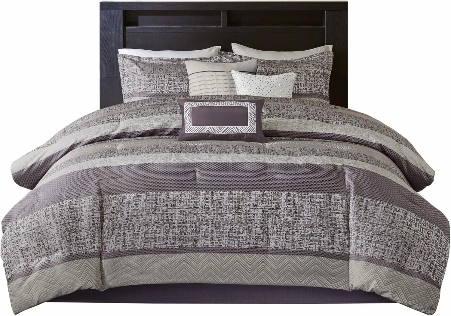 Madison Park Luxury Comforter Set-Traditional Jacquard Design, All Season Down Alternative Bedding, Matching Bedskirt, Decorative Pillows, Queen(90"x90"), Rhapsody, Striped Purple 7 Piece