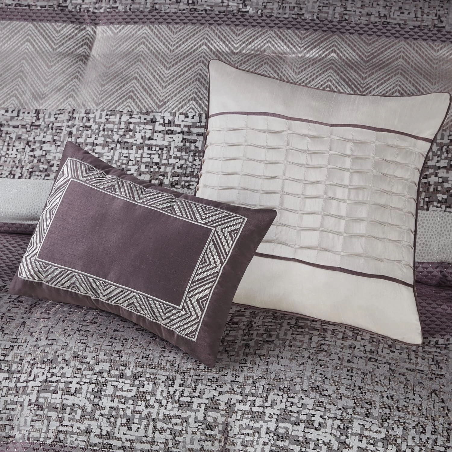Madison Park Luxury Comforter Set-Traditional Jacquard Design, All Season Down Alternative Bedding, Matching Bedskirt, Decorative Pillows, Queen(90"x90"), Rhapsody, Striped Purple 7 Piece