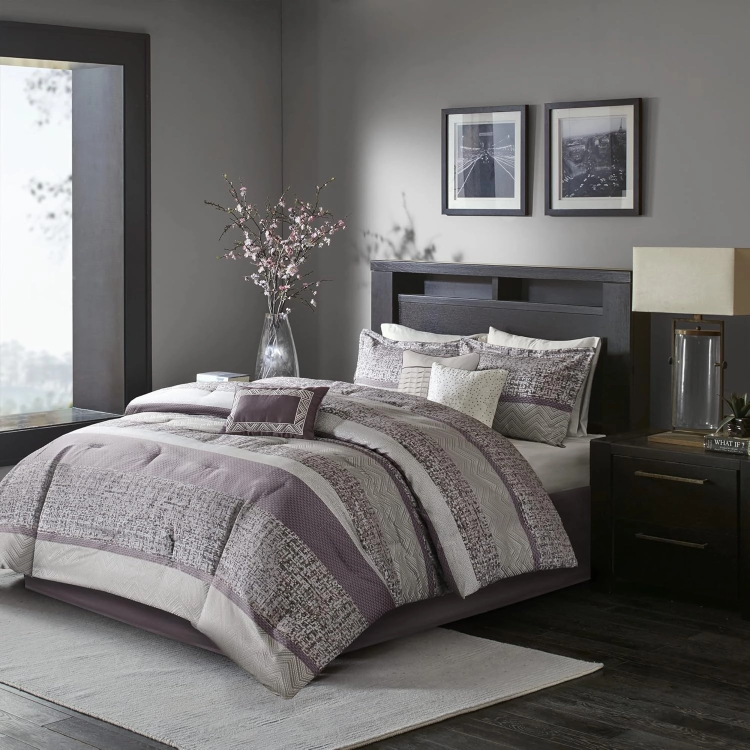 Madison Park Luxury Comforter Set-Traditional Jacquard Design, All Season Down Alternative Bedding, Matching Bedskirt, Decorative Pillows, Queen(90"x90"), Rhapsody, Striped Purple 7 Piece