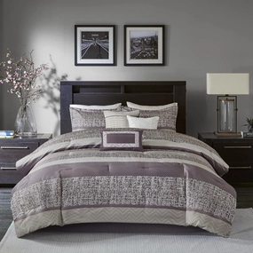Madison Park Luxury Comforter Set-Traditional Jacquard Design, All Season Down Alternative Bedding, Matching Bedskirt, Decorative Pillows, Queen(90"x90"), Rhapsody, Striped Purple 7 Piece