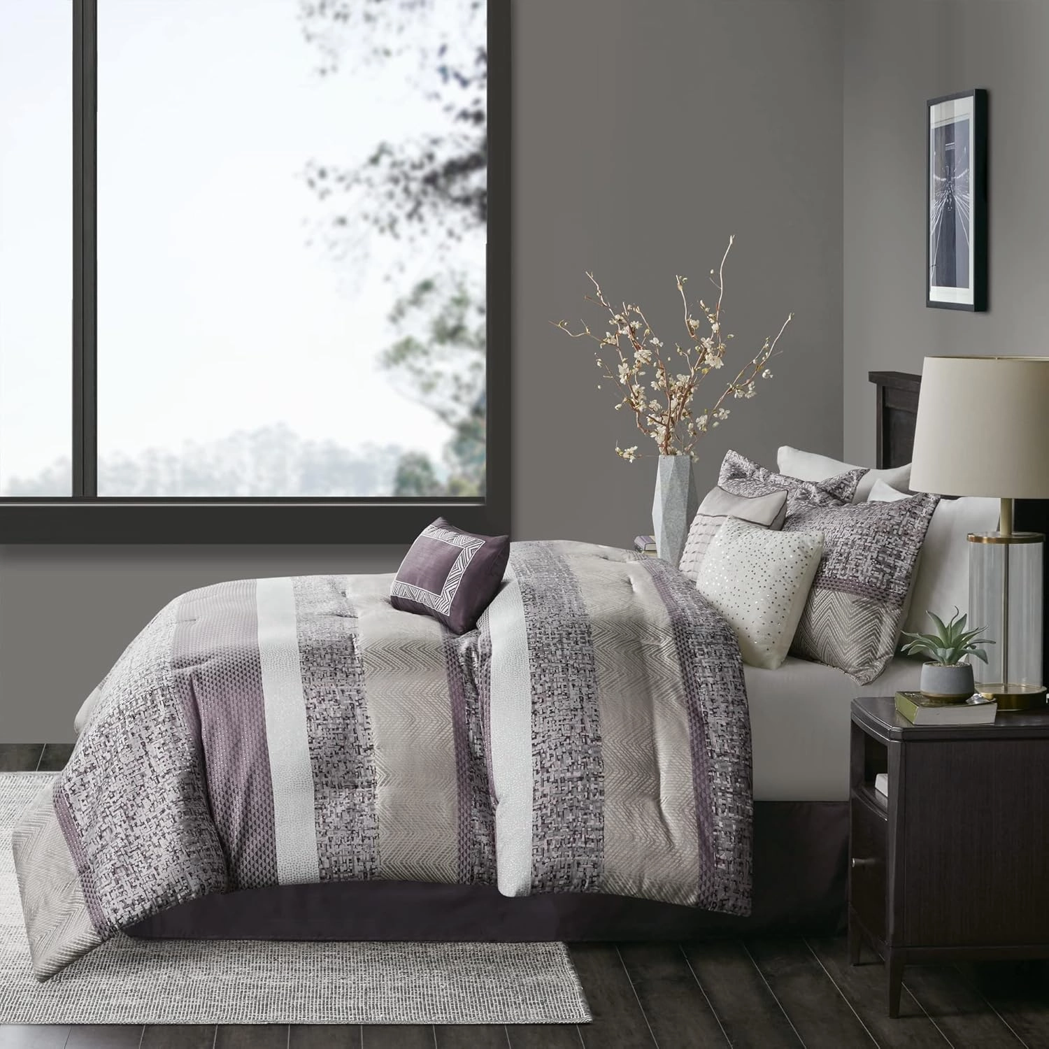 Madison Park Luxury Comforter Set-Traditional Jacquard Design, All Season Down Alternative Bedding, Matching Bedskirt, Decorative Pillows, Queen(90"x90"), Rhapsody, Striped Purple 7 Piece