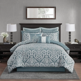 Madison Park Odette Cozy Comforter Set Jacquard Damask Medallion Design - Modern All Season, Down Alternative Bedding, Shams, Decorative Pillows, Cal King(104 in x 92 in), Aqua