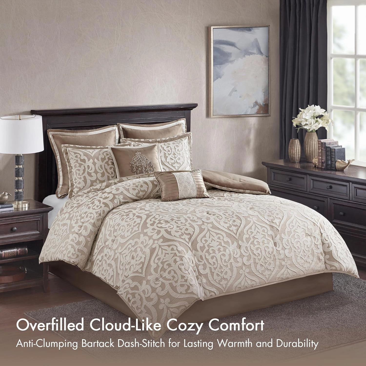 Madison Park Odette Cozy Comforter Set Jacquard Damask Medallion Design - Modern All Season, Down Alternative Bedding, Shams, Decorative Pillows, Cal King(104 in x 92 in), Tan 8 Piece
