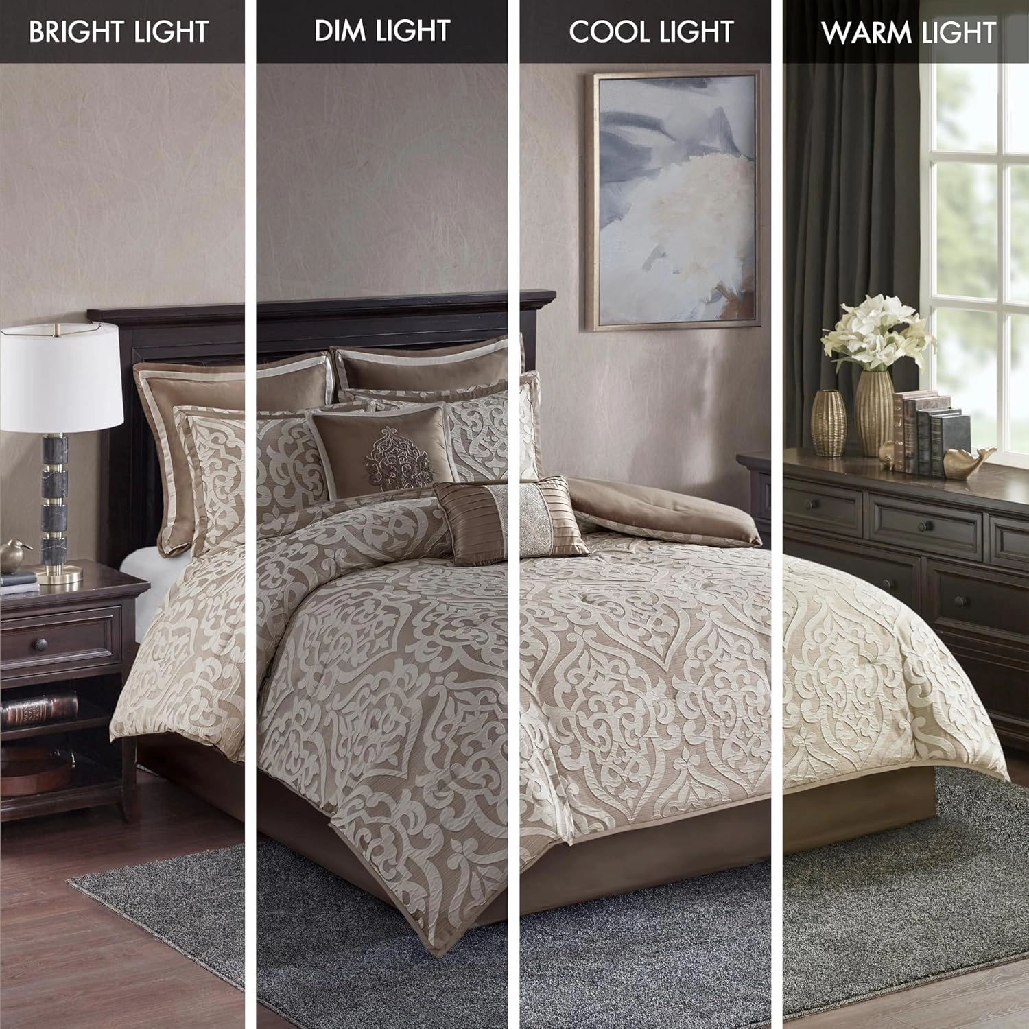 Madison Park Odette Cozy Comforter Set Jacquard Damask Medallion Design - Modern All Season, Down Alternative Bedding, Shams, Decorative Pillows, Cal King(104 in x 92 in), Tan 8 Piece