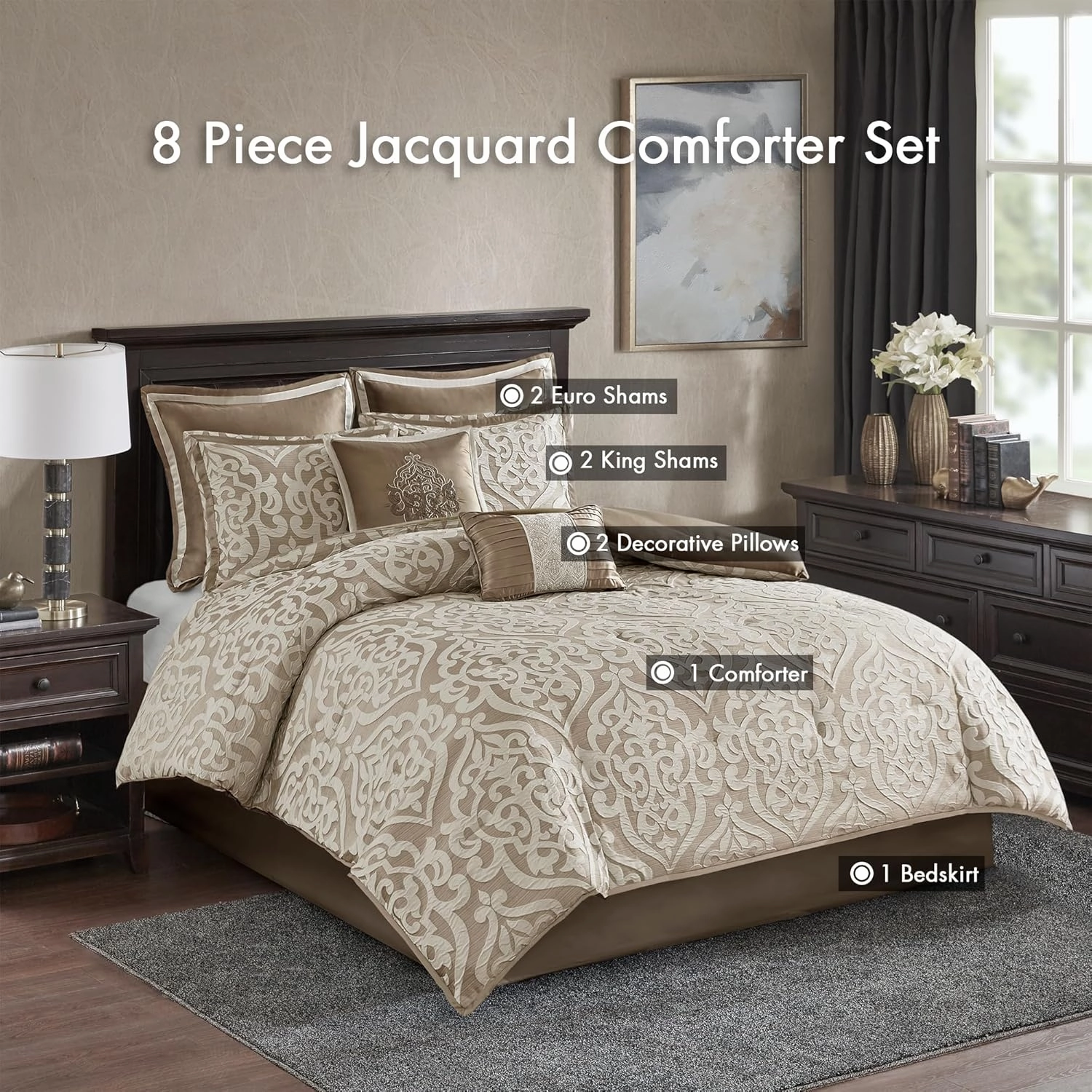 Madison Park Odette Cozy Comforter Set Jacquard Damask Medallion Design - Modern All Season, Down Alternative Bedding, Shams, Decorative Pillows, Cal King(104 in x 92 in), Tan 8 Piece