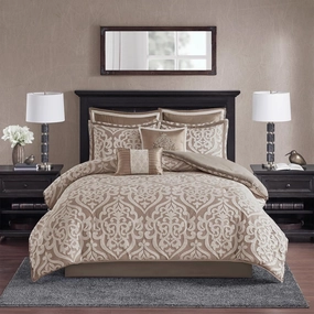 Madison Park Odette Cozy Comforter Set Jacquard Damask Medallion Design - Modern All Season, Down Alternative Bedding, Shams, Decorative Pillows, Cal King(104 in x 92 in), Tan 8 Piece