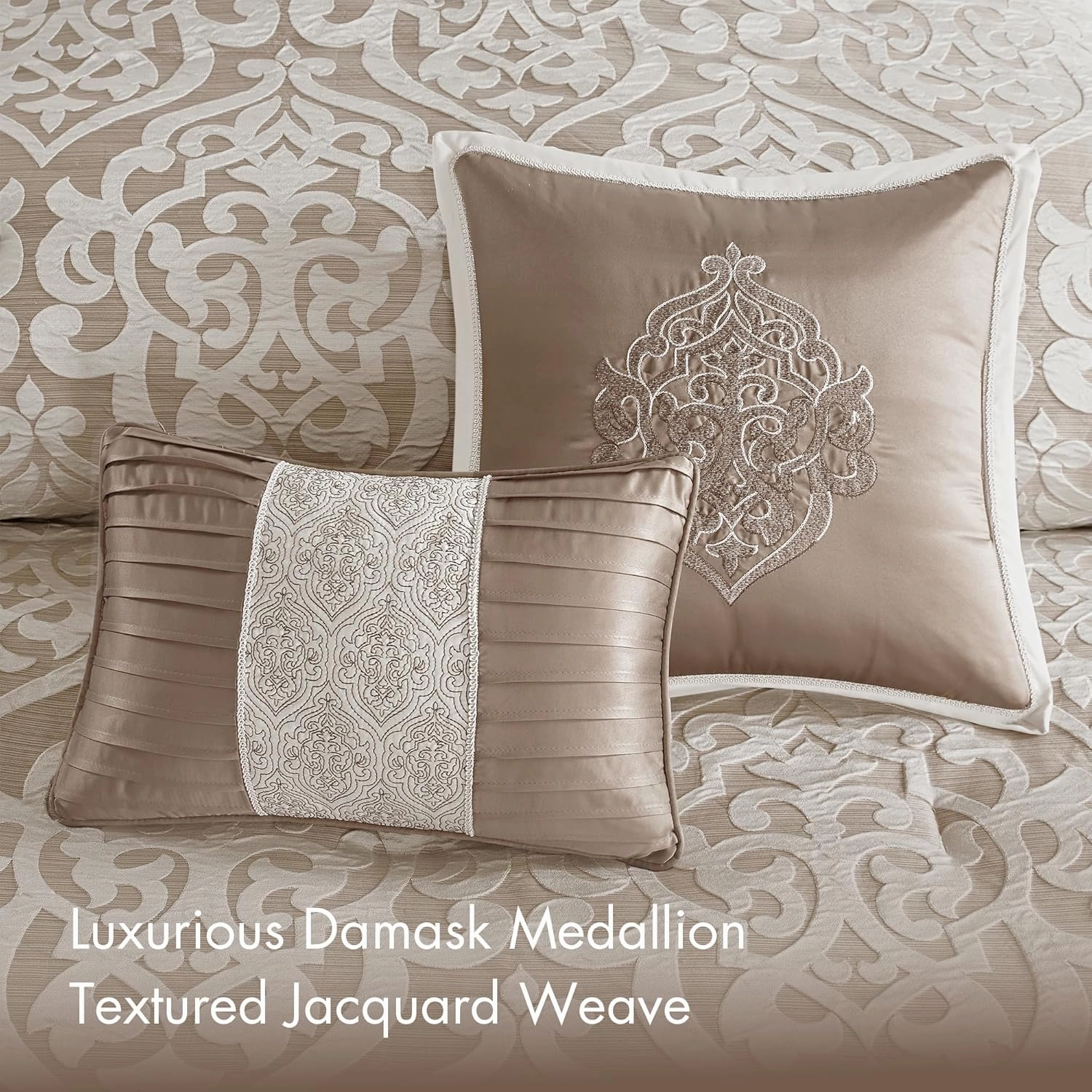 Madison Park Odette Cozy Comforter Set Jacquard Damask Medallion Design - Modern All Season, Down Alternative Bedding, Shams, Decorative Pillows, Cal King(104 in x 92 in), Tan 8 Piece
