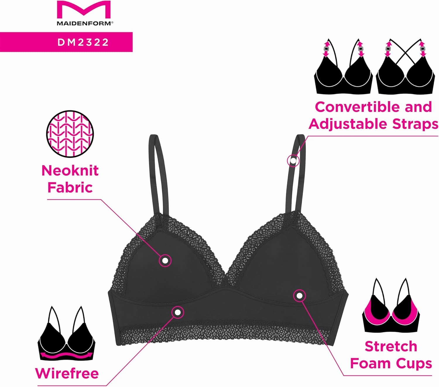 Maidenform Women's M Lace Trim Triangle Rib Bralette
